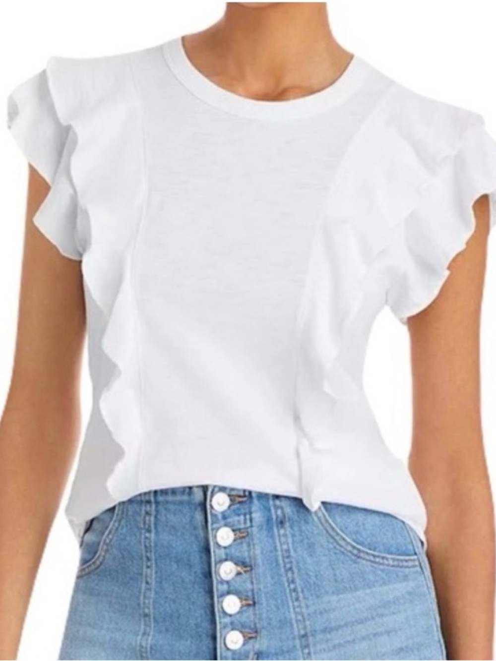 Veronica Beard Jeans White Ruffle Sleeve Pima Cotton Slub Tee Large